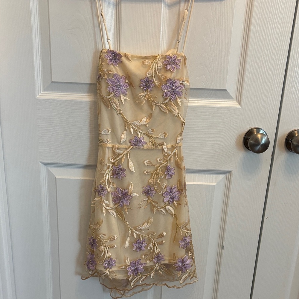 Lucy in the Sky Gold and Purple Floral Mini Dress